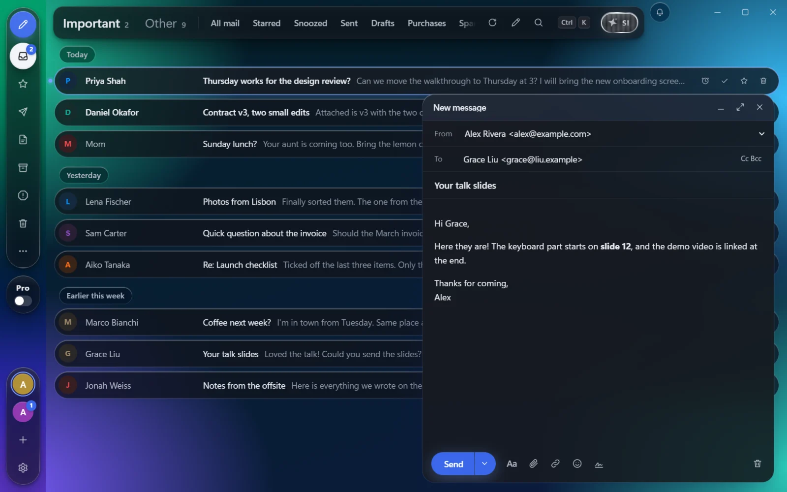 A floating compose window with formatting, a signature and a send later option.