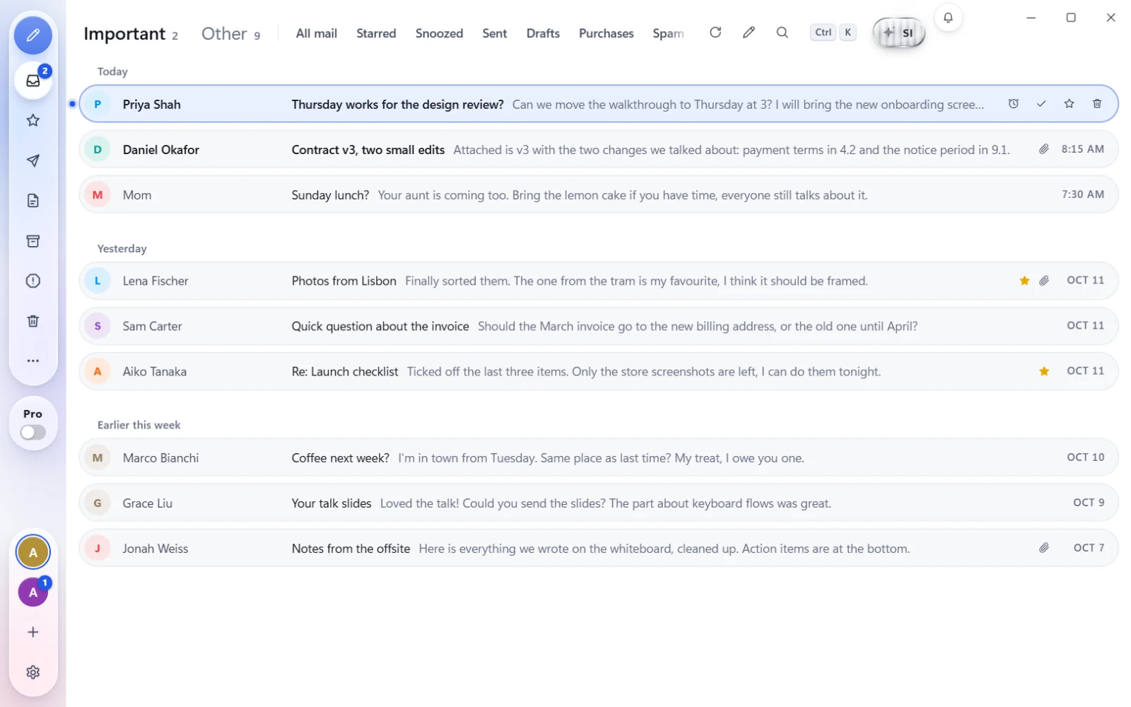 The Khinoa Mail inbox: Important and Other tabs, and one-line emails grouped by day.
