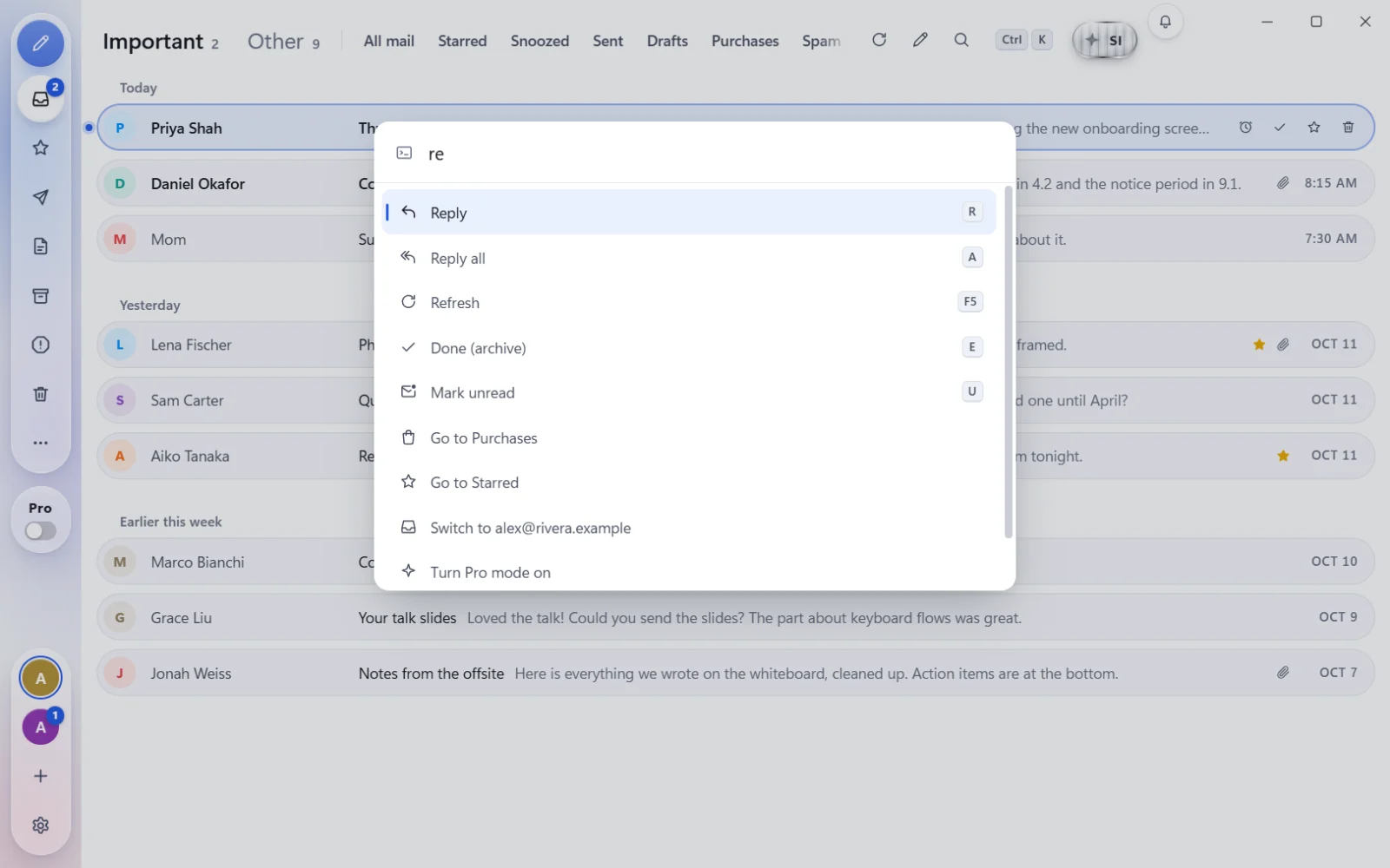The command palette open over the inbox, listing actions with their keys.