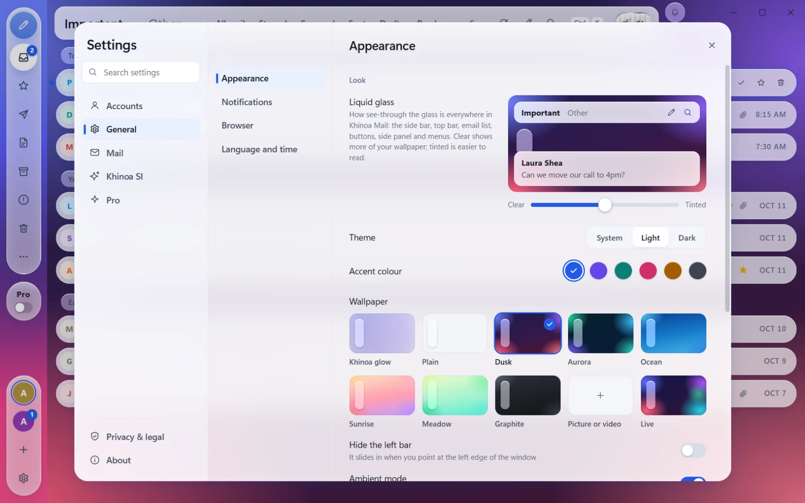 Settings, Appearance: the Liquid glass slider, wallpapers, accent colours and fonts.